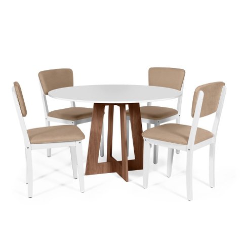 Mesa de Jantar Redonda Montreal Bran/nor com 4 Cadeiras Estofadas Ella Branco/marrom Claro
