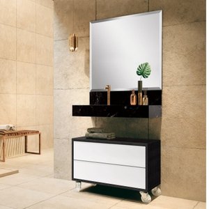 Conjunto Banheiro Bancada em Porcelanato com Cuba Esculpida Espelho Gaveteiro Pró 80cm 