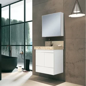 Conjunto para Banheiro com Espelheira Gabinete Lavatório em Porcelanato com Cuba Esculpida 60cm 