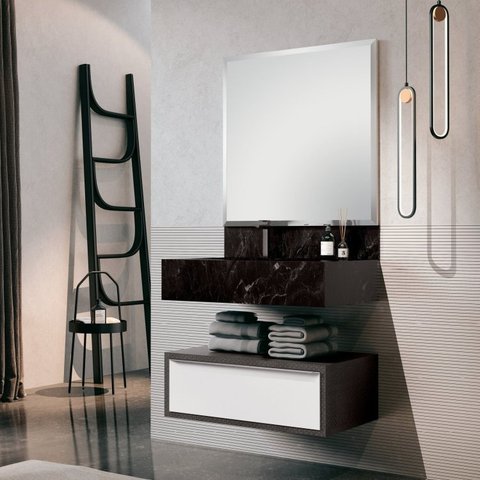 Conjunto para Banheiro com Espelho Gaveteiro, Bancada em Porcelanato e Cuba Esculpida Max 80cm 