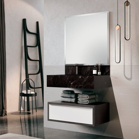 Conjunto para Banheiro com Espelho Gaveteiro, Bancada em Porcelanato e Cuba Esculpida Max 80cm 