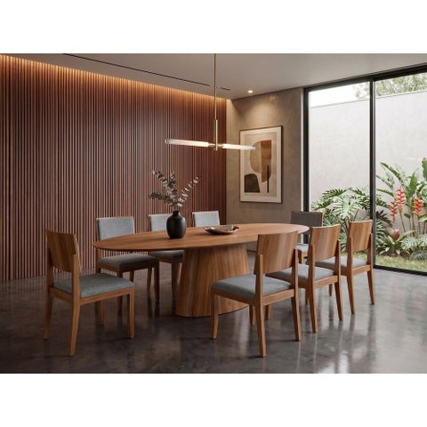 Sala de Jantar Barcelona 220cm com 8 Cadeiras Madeira Maciça Santorini Cinamomo Linho Cinza