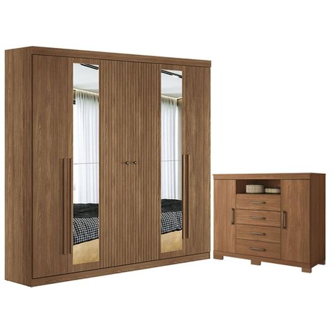 Guarda Roupa Casal Ripado 6 Portas Buriti com Espelho e Cômoda Havana Master com Pés Jatobá Acetinad