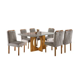 Conjunto Sala de Jantar 6 Lugares Mesa Barcelona e Cadeiras Madeira Maciça Veludo