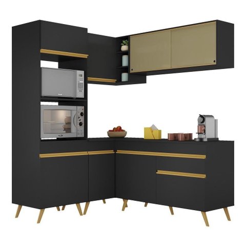 Armário de Cozinha Completa de Canto Veneza Multimóveis V2063 Preto/Dourado
