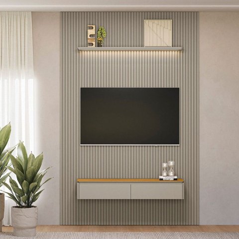 Painel para Tv até 75 Polegadas 2 Portas 1 Prateleira Ripado Tauri/gris Fosco 810010302 - Linea Bras