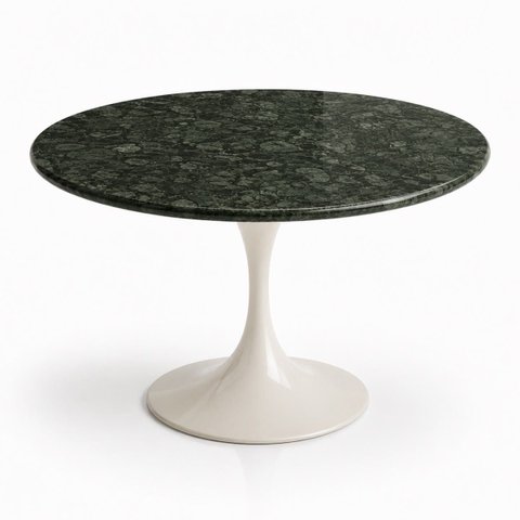 Mesa de Jantar Saarinen Redonda 130 cm Tampo Mármore Verde Guatemala Base Laca Branca