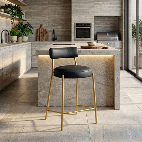 Banqueta Cozinha Média com Encosto Industrial Dourado Londres PU D03 - D'Rossi
