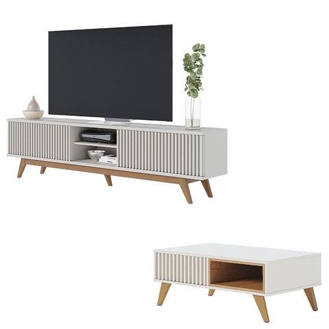 Rack Bancada Fortaleza Off White Matte com Mesa de Centro Jeri Off White Freijó - Colibri