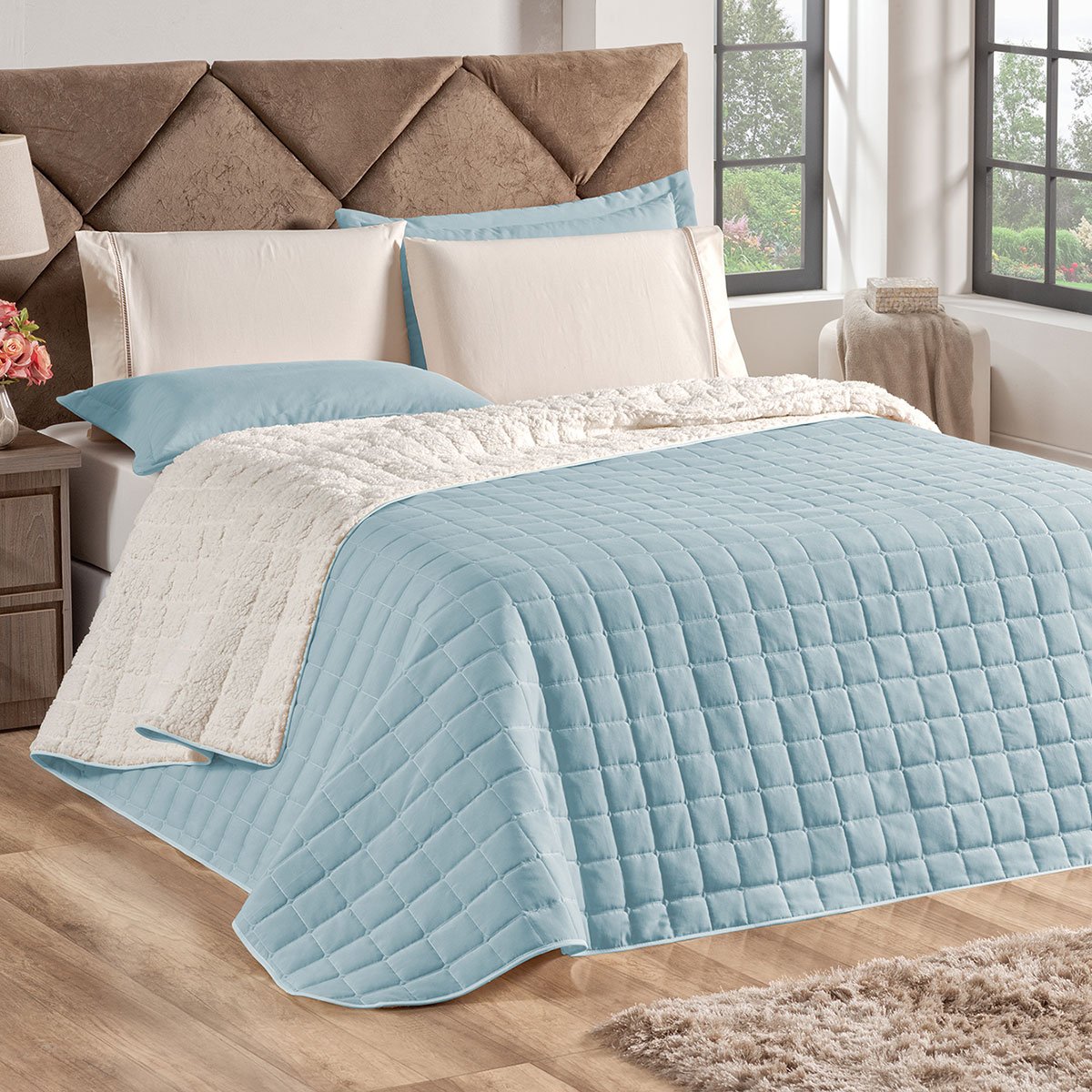 Cobre Leito Sherpa Queen Azul Dupla Face 2,50m x 2,40m + Jogo de Cama ...