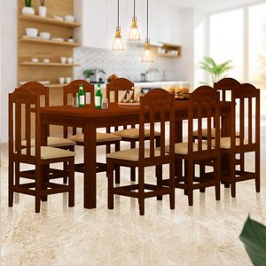 Mesa de Jantar Madeira Maciça 8 Lugares Estofados Safira Castanho Shop Jm