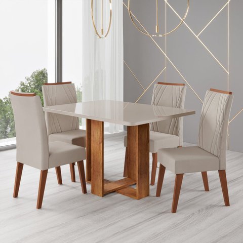 Conjunto Sala de Jantar Mesa 120x79,2cm Tampo com Vidro 4 Cadeiras Riviera Yescasa Bege/Mel
