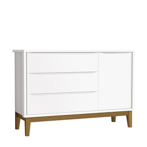 Cômoda Infantil com Porta e 3 Gavetas Classic Branco Fosco com Pés Amadeirado - Reller Móveis