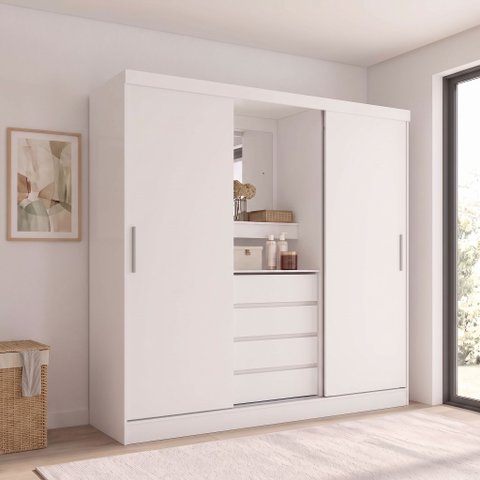 Guarda-Roupa Solteiro com Espelho 2 Portas de Correr 4 Gavetas Yescasa Branco Itália