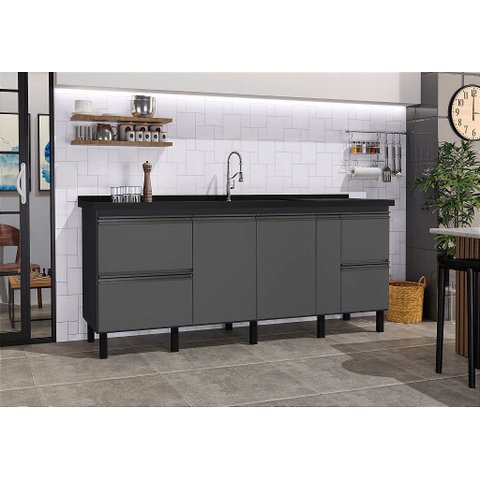 Gabinete Cozinha Mdf 1,94m Elegance com 8 Pés Pré-montado:preto/grafite
