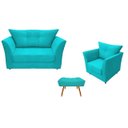 Ver imagem 1 de Kit Namoradeira + 1 Poltrona Decorativa Isis + 1 Puff Retangular Suede Azul Tifany Pés Madeira Mz De