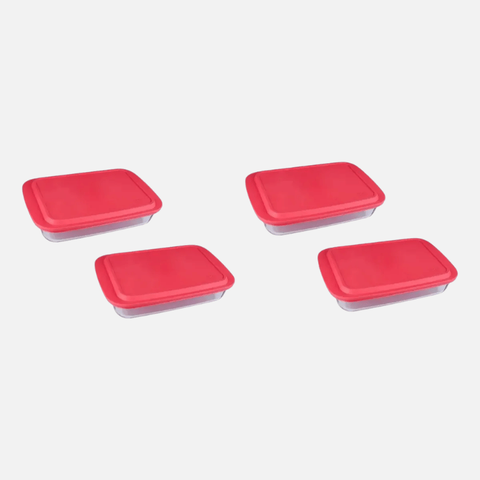 Lasanheira Retangular Marinex 3,7 L em Vidro Transparente com Tampa Vermelha - Kit com 4 Unidades