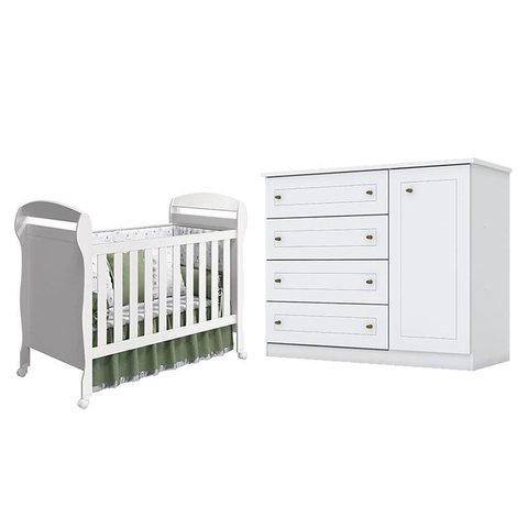Berço Americano Danny Branco Acetinado Reller e Cômoda Infantil Americano Branco Hp - Henn.