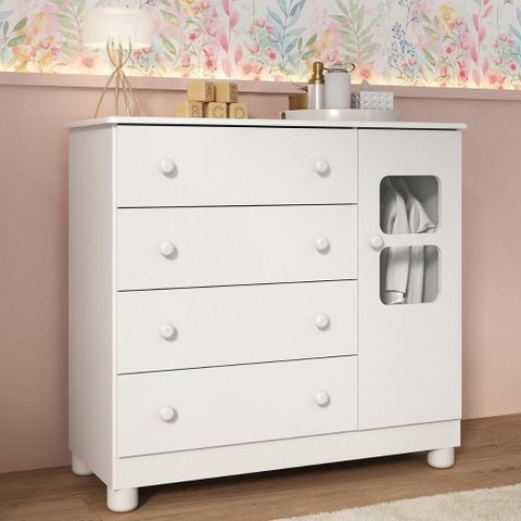 Cômoda Infantil 95cm 1 Porta com Vidro e 4 Gavetas Sol Multimóveis Mp4422 Branco