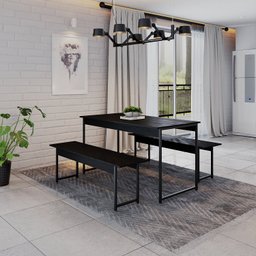 Conjunto Mesa de Jantar com 2 Bancos Estilo Industrial Active Yescasa Preto/Ônix - 1 Conjunto Mesa de Jantar com 2 Bancos Estilo Industrial Active Yescasa Preto/Ônix - 1