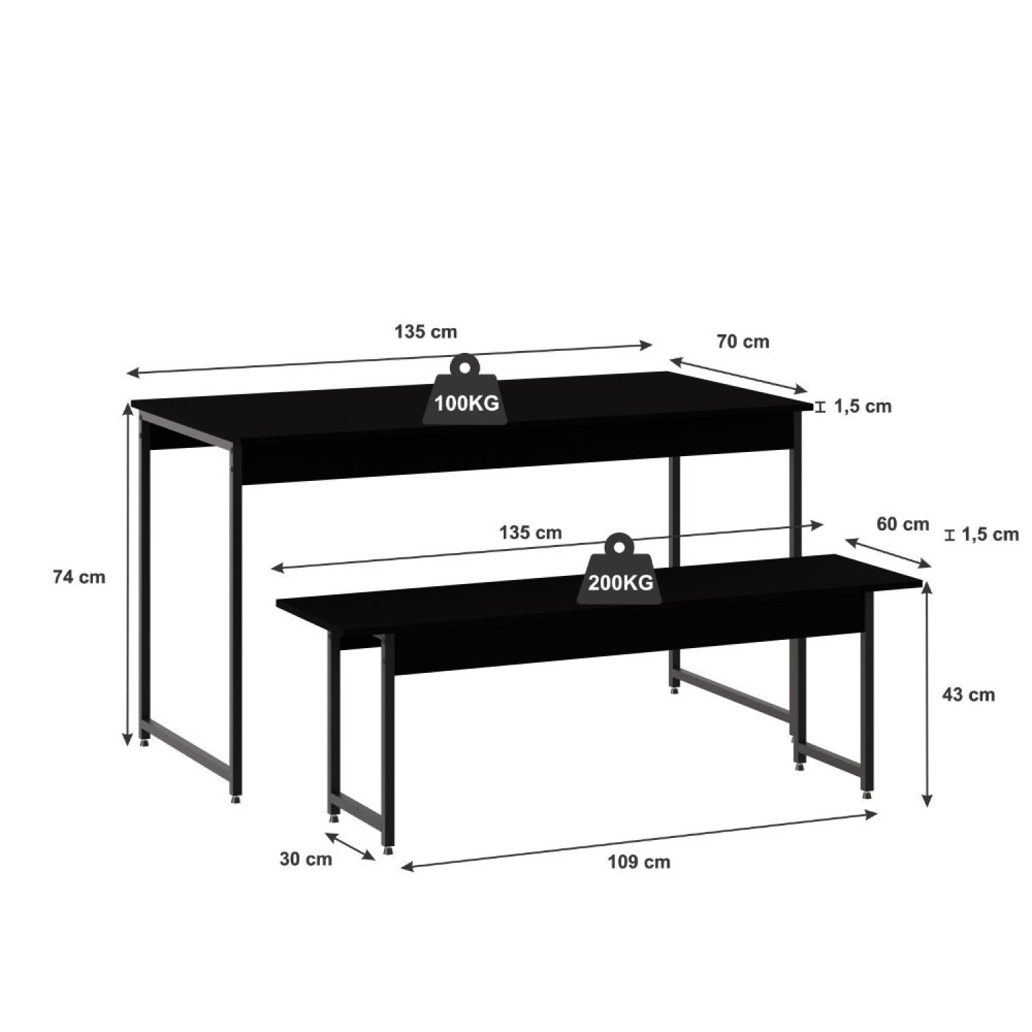 Conjunto Mesa de Jantar com 2 Bancos Estilo Industrial Active Yescasa - 3