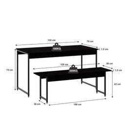 Conjunto Mesa de Jantar com 2 Bancos Estilo Industrial Active Yescasa Preto/Ônix - 4 Conjunto Mesa de Jantar com 2 Bancos Estilo Industrial Active Yescasa Preto/Ônix - 4