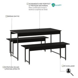 Conjunto Mesa de Jantar com 2 Bancos Estilo Industrial Active Yescasa Preto/Ônix - 6 Conjunto Mesa de Jantar com 2 Bancos Estilo Industrial Active Yescasa Preto/Ônix - 6
