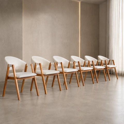 Kit 6 Poltronas de Jantar em Linho Marfim Design Elegante & Confortáveis