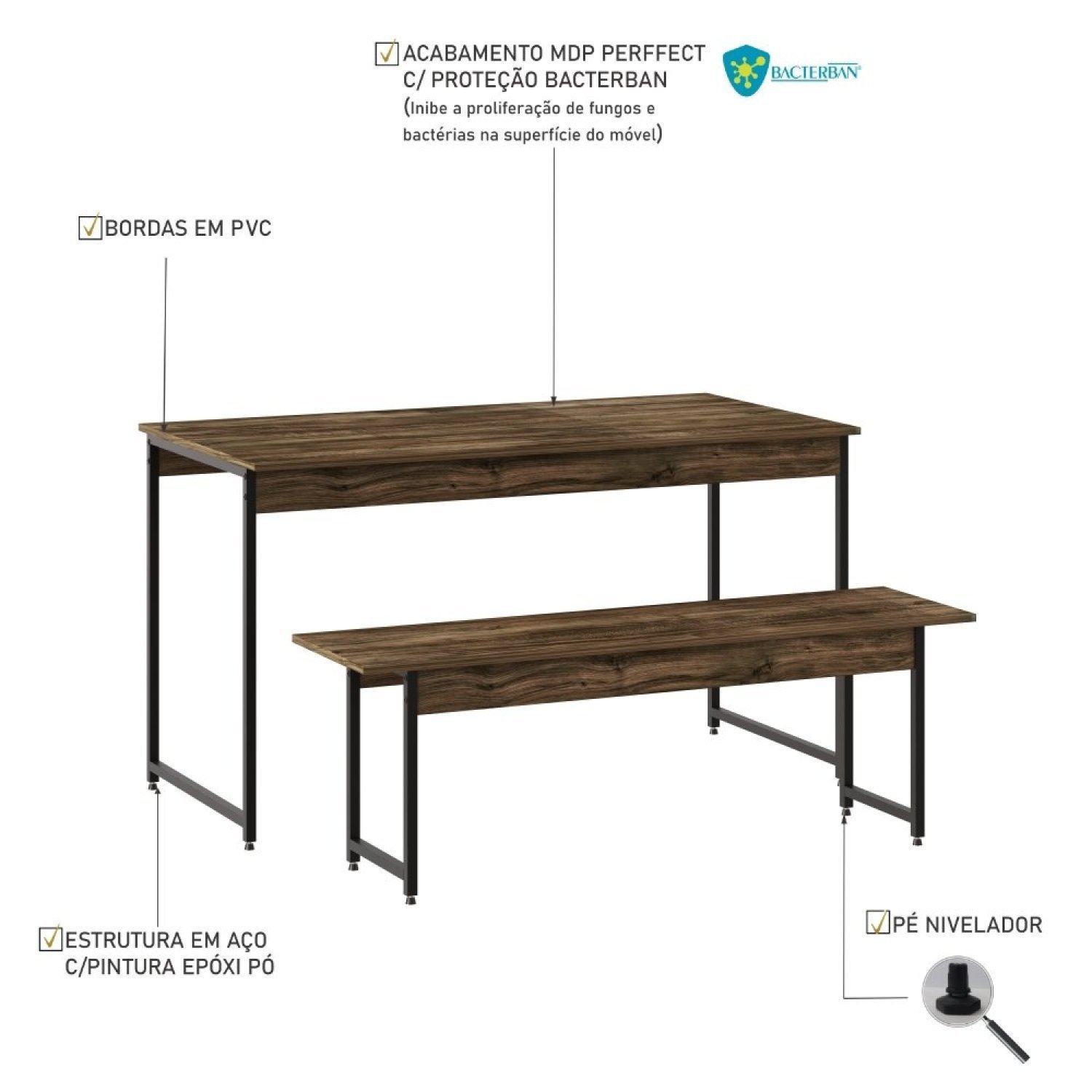 Conjunto Mesa de Jantar com 1 Banco Estilo Industrial Active Yescasa - 5