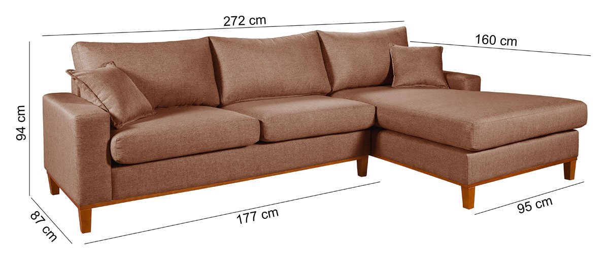 Sofa Living California 4 Lugares com Chaise Revestido Linho Base em Madeira:marrom/esquerdo - 4