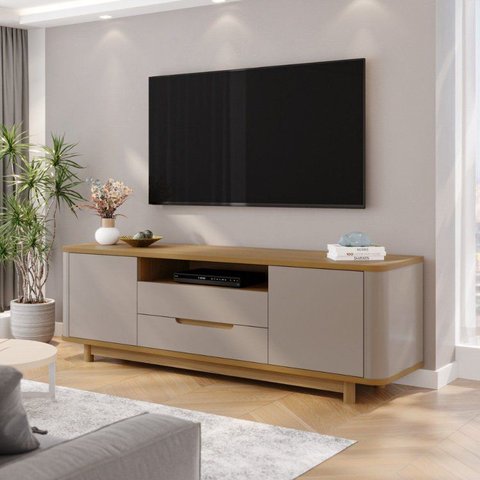 Rack para TV até 70 Polegadas MDF com Laterais Curvas 180cm Pés em Madeira Maciça