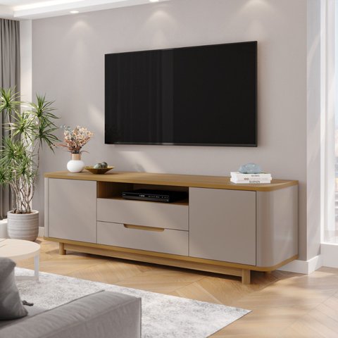 Rack para TV até 70 Polegadas MDF com Laterais Curvas 180cm Pés em Madeira Maciça