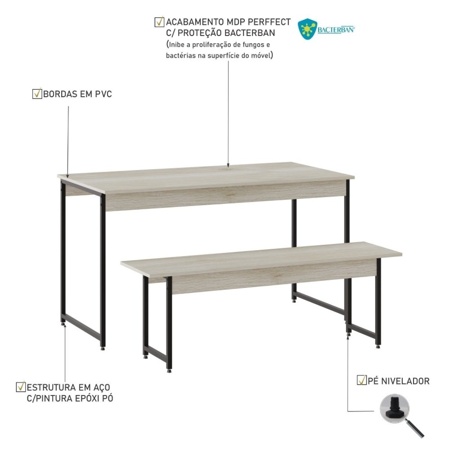 Conjunto Mesa de Jantar com 1 Banco Estilo Industrial Active Yescasa - 5