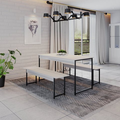 Conjunto Mesa de Jantar com 2 Bancos Estilo Industrial Active Yescasa Branco/Chess