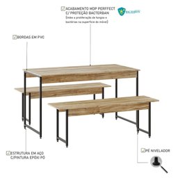 Conjunto Mesa de Jantar com 2 Bancos Estilo Industrial Active Yescasa - 6