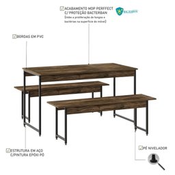 Conjunto Mesa de Jantar com 2 Bancos Estilo Industrial Active Yescasa - 5