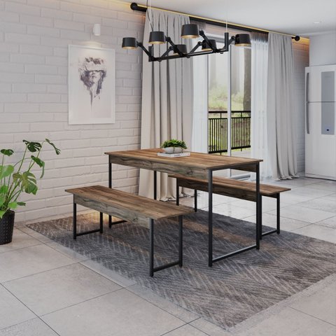 Conjunto Mesa de Jantar com 2 Bancos Estilo Industrial Active Yescasa Marrom/Carvalho Dark
