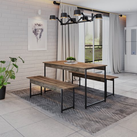 Conjunto Mesa de Jantar com 2 Bancos Estilo Industrial Active Yescasa