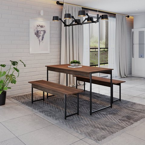 Conjunto Mesa de Jantar e 2 Bancos Industrial Aço MDP 135cm Preta e Marrom Yescasa