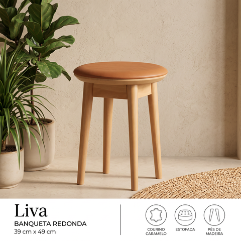 Banqueta Liva Redonda Estofada Pés de MADEIRA39 cm X 49 cm Courino Caramelo