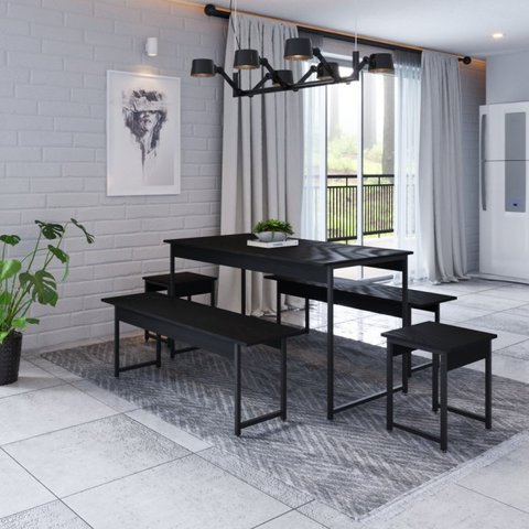 Conjunto Mesa de Jantar com 2 Bancos 2 Banquetas Estilo Industrial Active Yescasa
