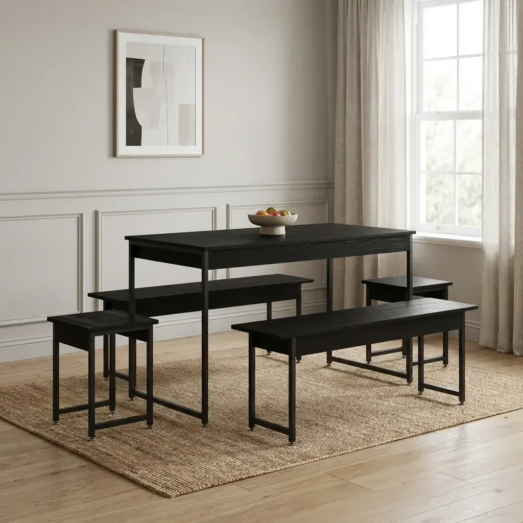 Conjunto Mesa de Jantar com 2 Bancos 2 Banquetas Estilo Industrial Aço Active Preto Ônix Yescasa