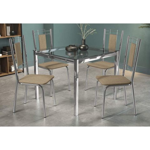 Conjunto Sala de Jantar Mesa com 4 Cadeiras Estofadas Cromado 051 Kappesberg Crome Cromado/capuccino