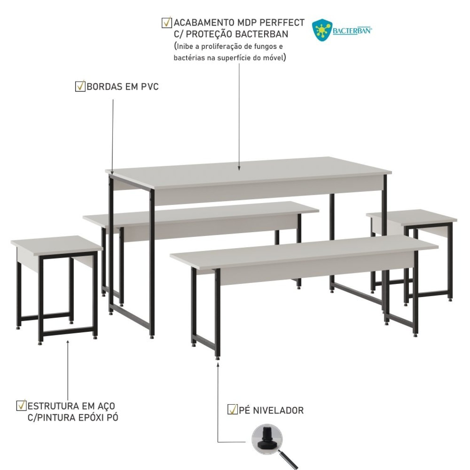 Conjunto Mesa de Jantar com 2 Bancos 2 Banquetas Estilo Industrial Active Yescasa - 5