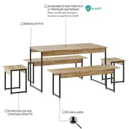 Conjunto Mesa de Jantar com 2 Bancos 2 Banquetas Estilo Industrial Active Yescasa - 5