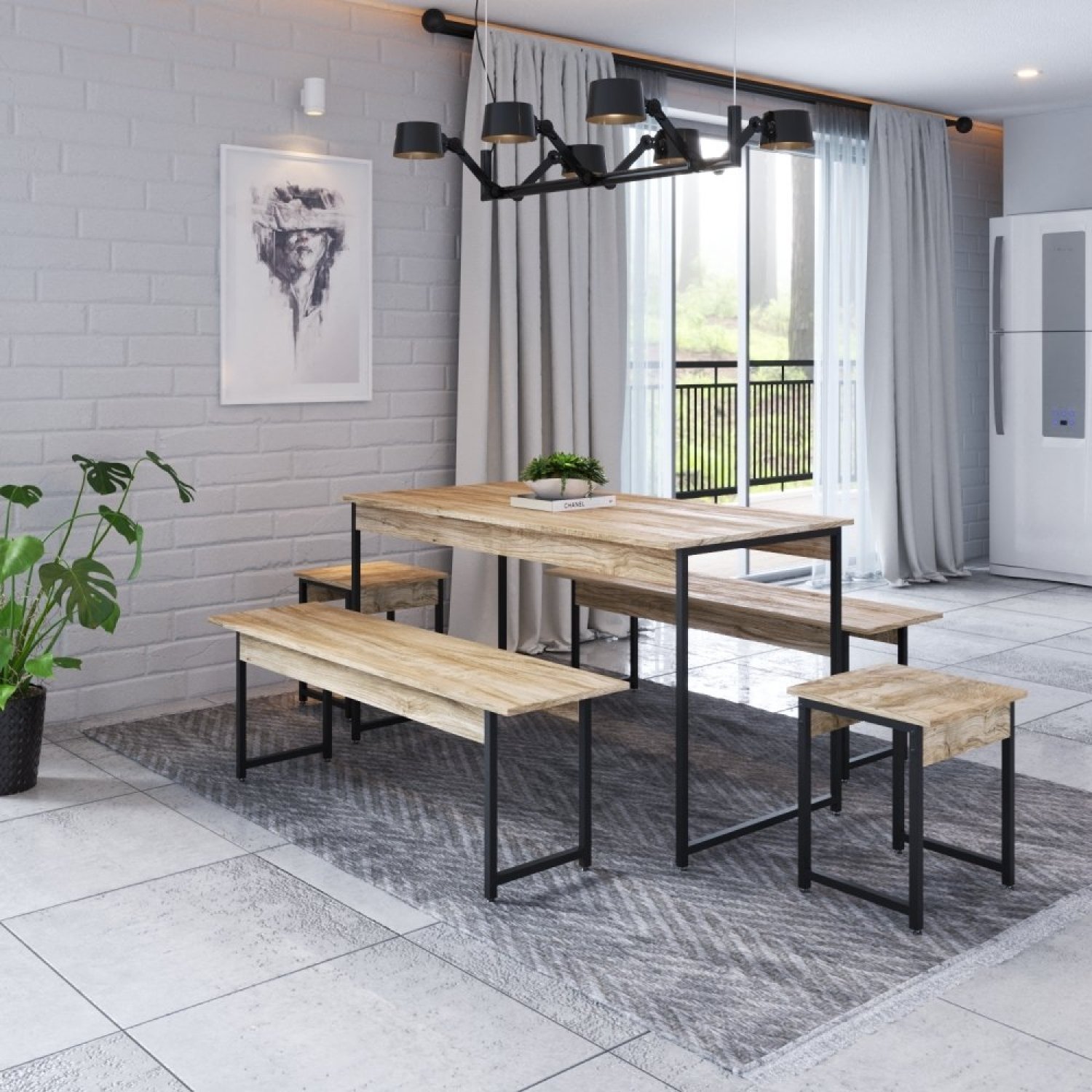 Conjunto Mesa de Jantar com 2 Bancos 2 Banquetas Estilo Industrial Active Yescasa