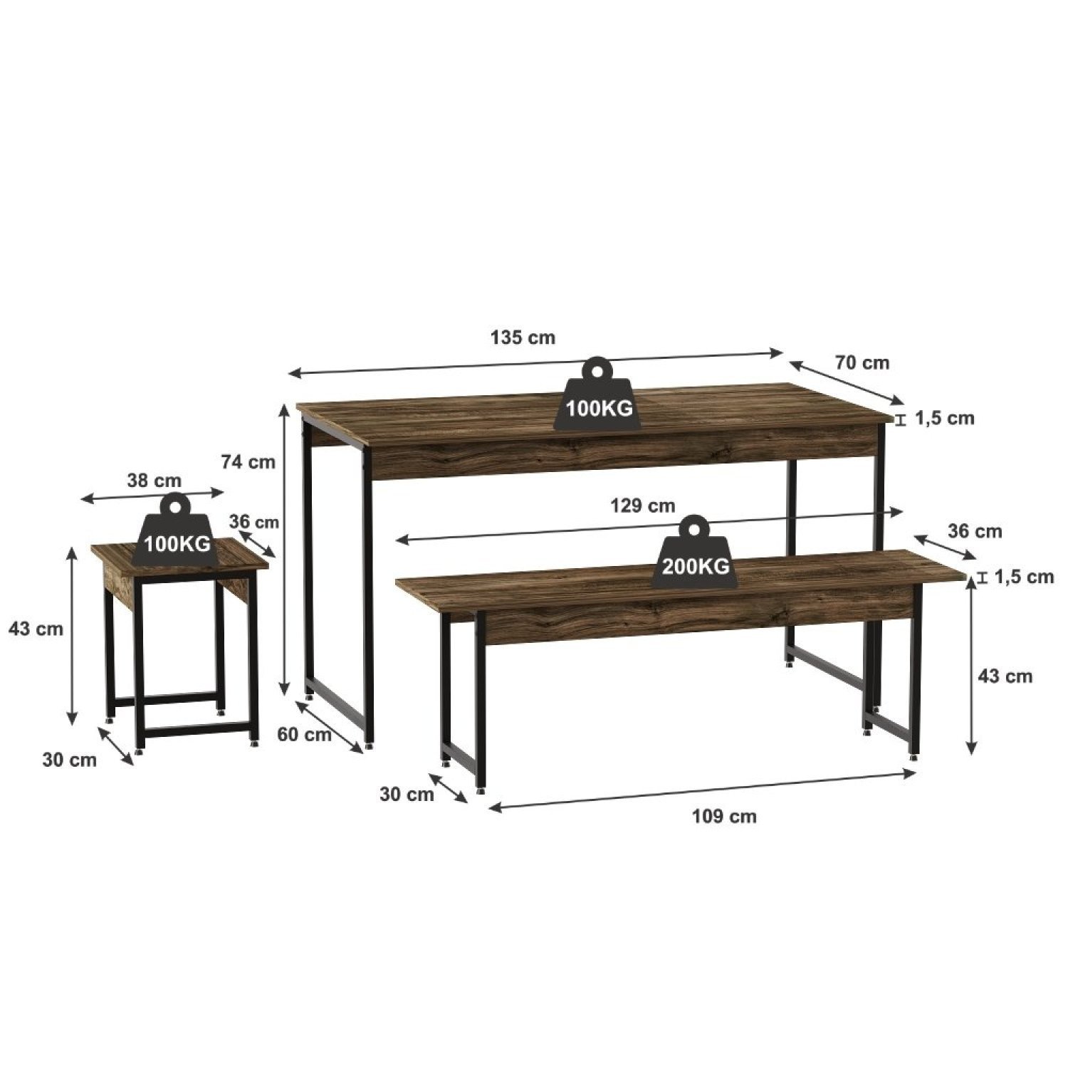 Conjunto Mesa de Jantar com 2 Bancos 2 Banquetas Estilo Industrial Active Yescasa - 3