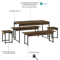 Conjunto Mesa de Jantar com 2 Bancos 2 Banquetas Estilo Industrial Active Yescasa - 5