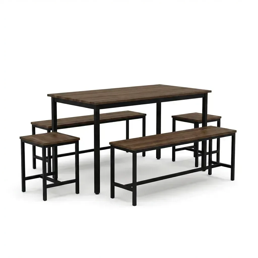 Ver imagem 4 de Conjunto Mesa de Jantar com 2 Bancos e 2 Banquetas Estilo Industrial Aço e Active Nogal Yescasa