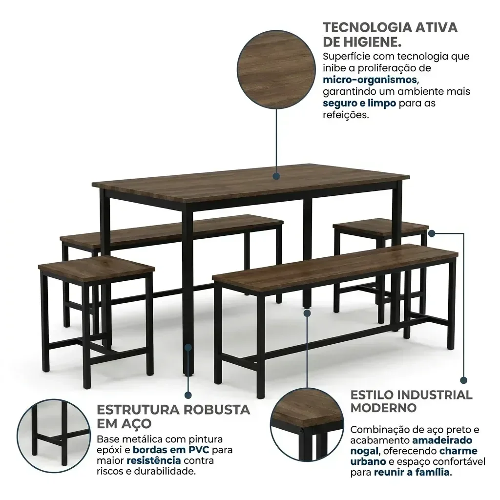 Ver imagem 3 de Conjunto Mesa de Jantar com 2 Bancos e 2 Banquetas Estilo Industrial Aço e Active Nogal Yescasa
